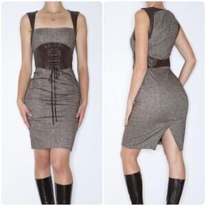 Bebe Y2K Wool Blend Tweed Corset Bustier Wiggle Mini Dress Leather Brown Sz‎ 4